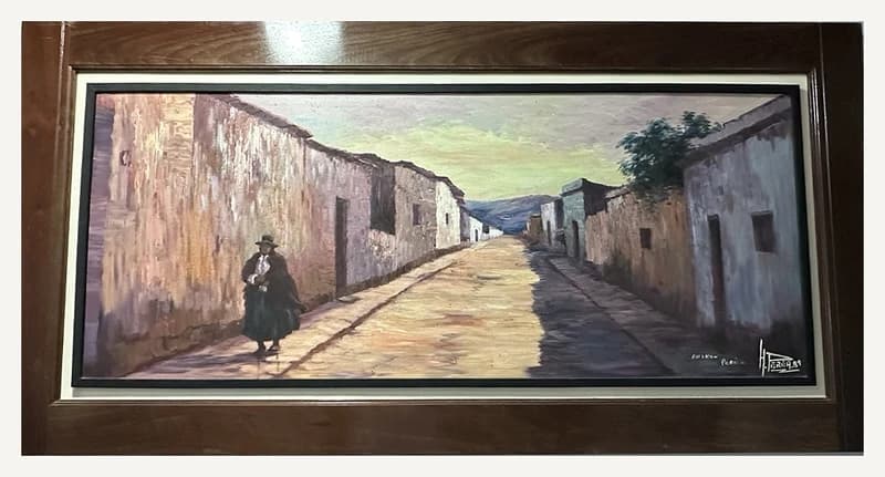 Pintura HP-003, com rua de Cusco e figura feminina